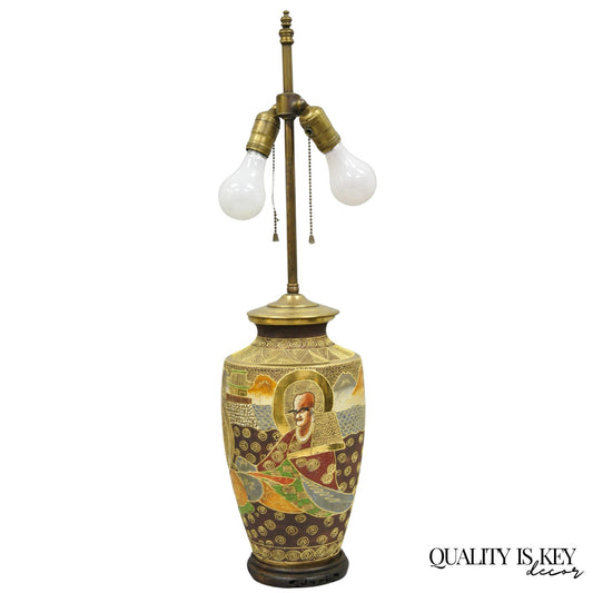 Vintage Japanese Oriental Porcelain Satsuma Vase Gold Gilt Figural Table Lamp