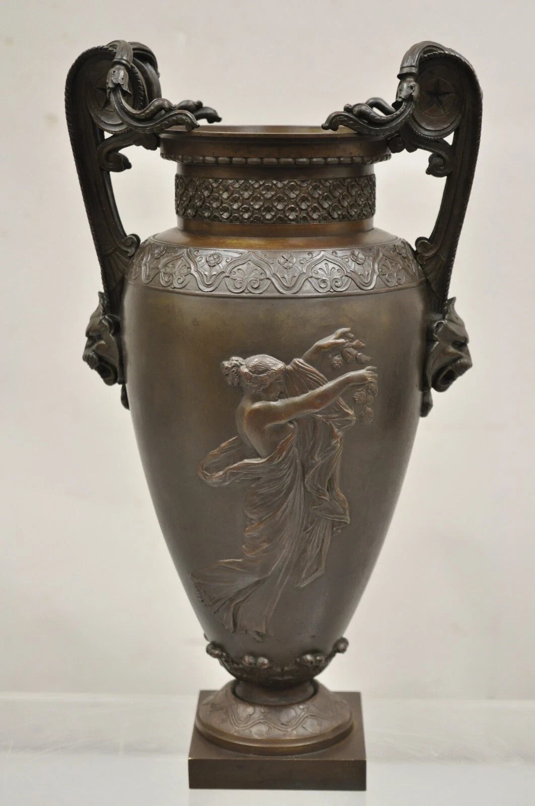 19th C Alfred Daubree French Neoclassical Bronze Figural Urn Vase with Lions