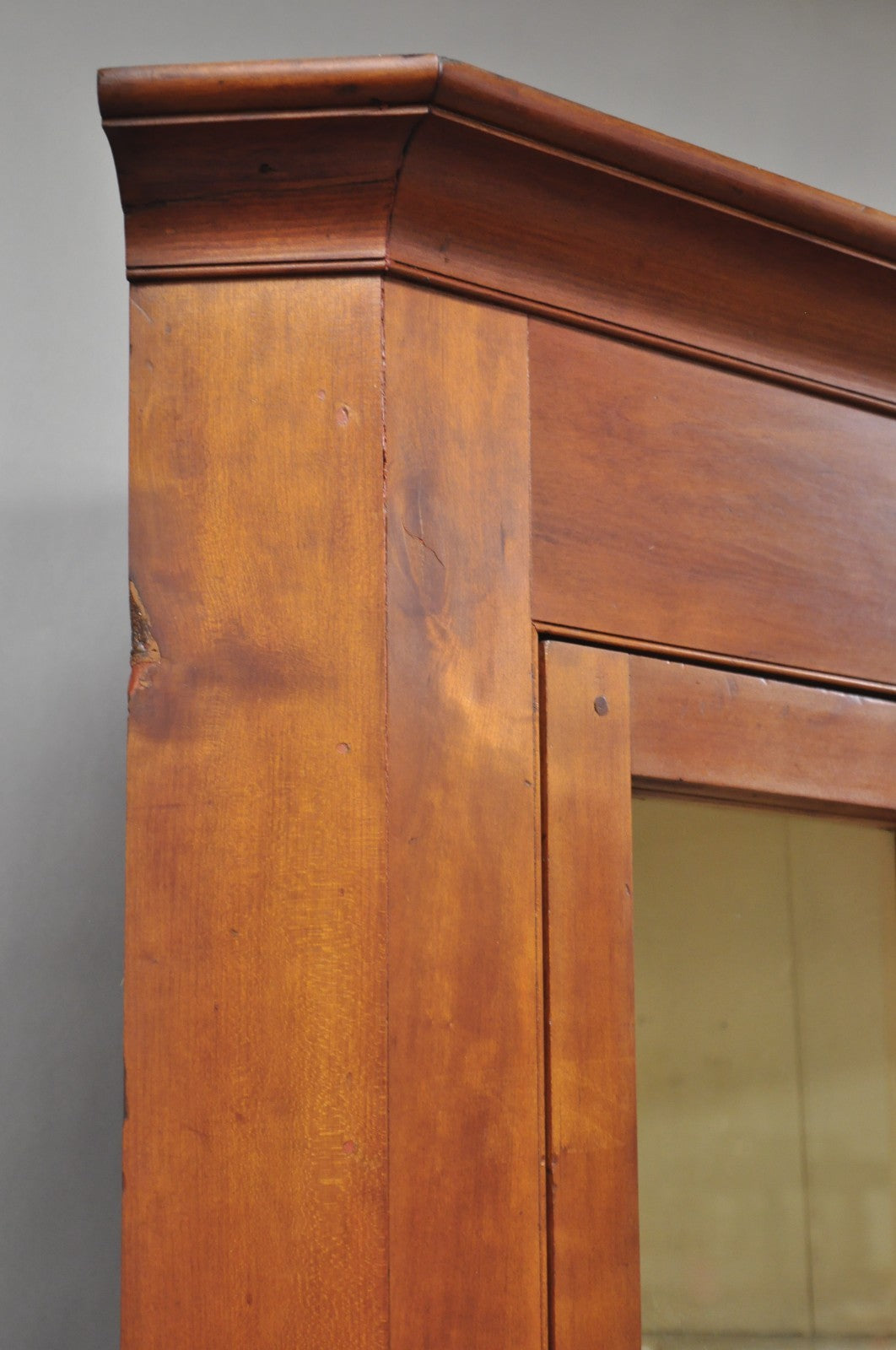 Antique Colonial Primitive Cherry Wood Glass Front Corner China Cabinet Cupboard