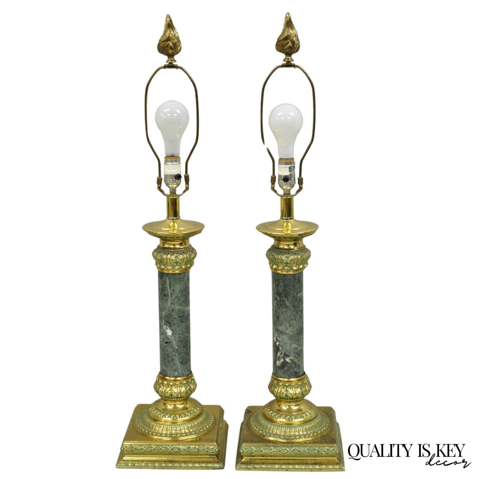 Vintage Hollywood Regency Brass Empire Green Column Gold Table Lamps - a Pair
