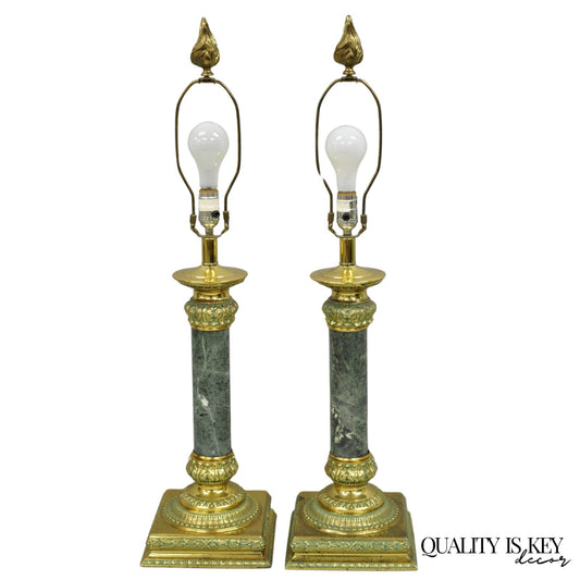 Vintage Hollywood Regency Brass Empire Green Column Gold Table Lamps - a Pair