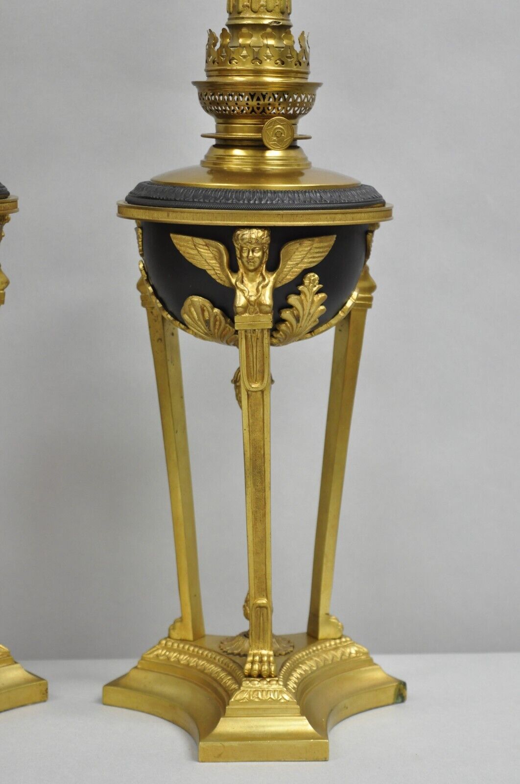 Vintage French Empire Style Figural Woman Black & Gold Brass Table Lamps - Pair