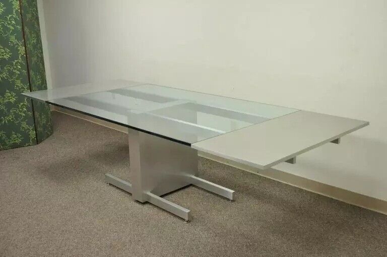 Vladimir Kagan Brushed Aluminum & Glass Cubist Extension Dining Conference Table