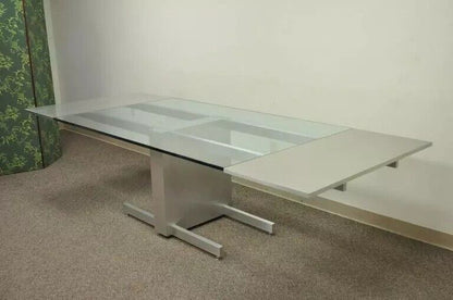 Vladimir Kagan Brushed Aluminum & Glass Cubist Extension Dining Conference Table