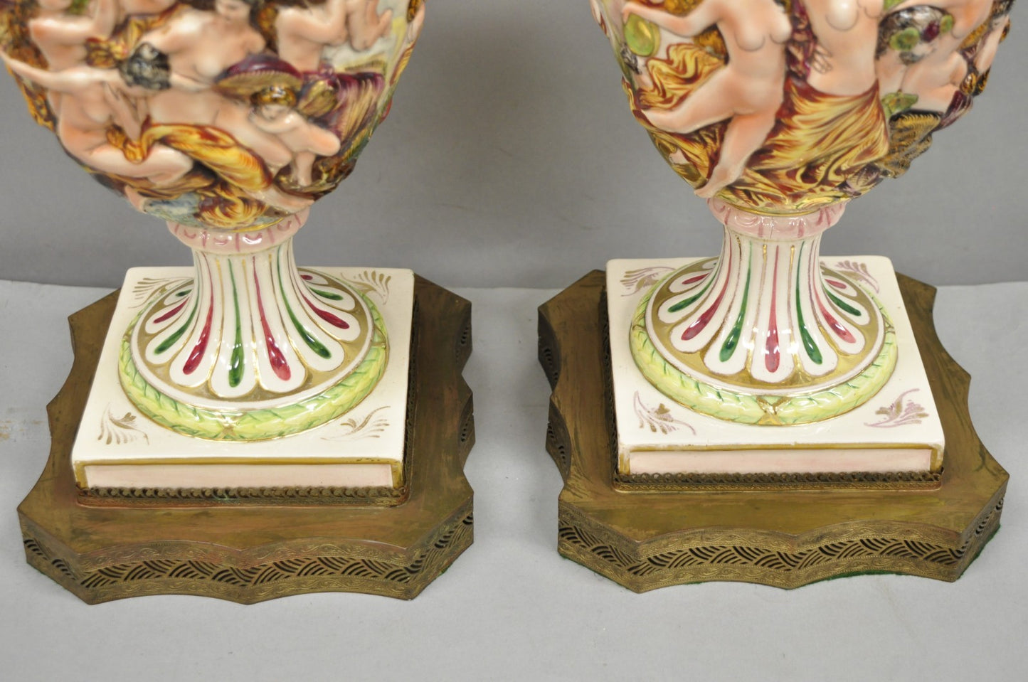 Antique Italian Capodimonte Ceramic Porcelain Figural Urn Table Lamps - a Pair