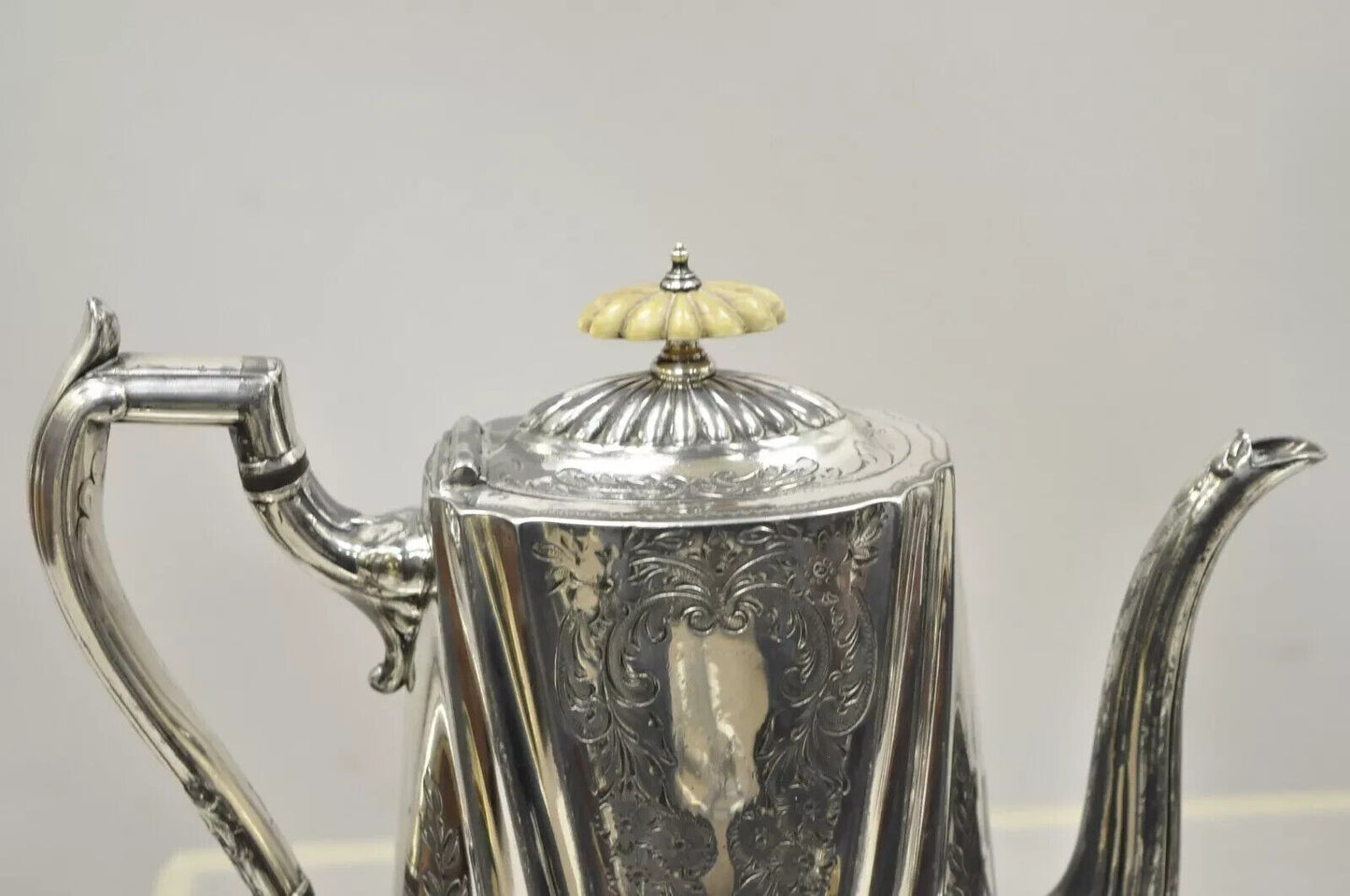 Antique English Edwardian Silver Plated Victorian Floral Engraved Coffee Pot