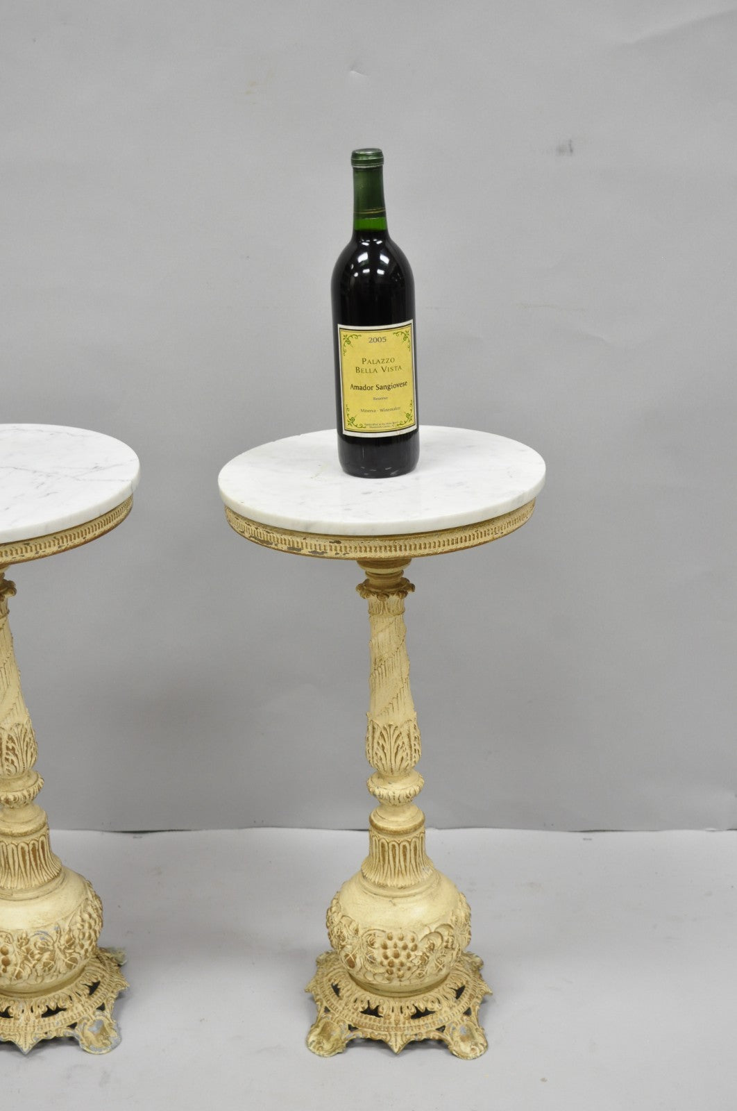Vintage Hollywood Regency Small Metal Pedestal Marble Top Drinks Side Table Pair