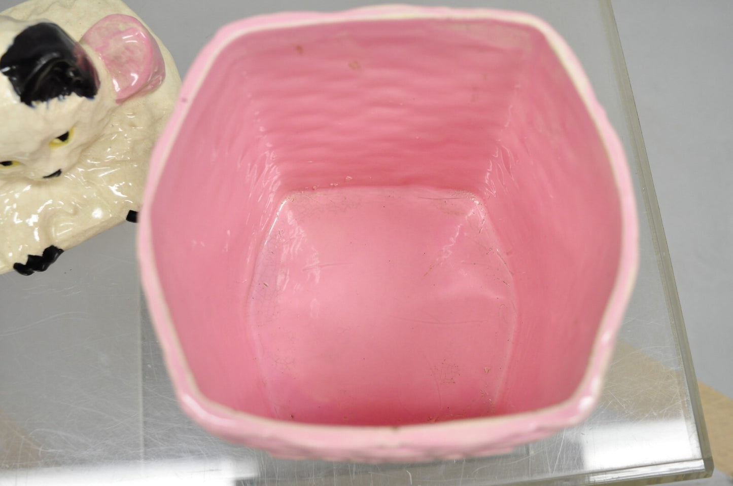 Vintage McCoy Pottery White and Black Cat Kitten Kitty in Pink Basket Cookie Jar