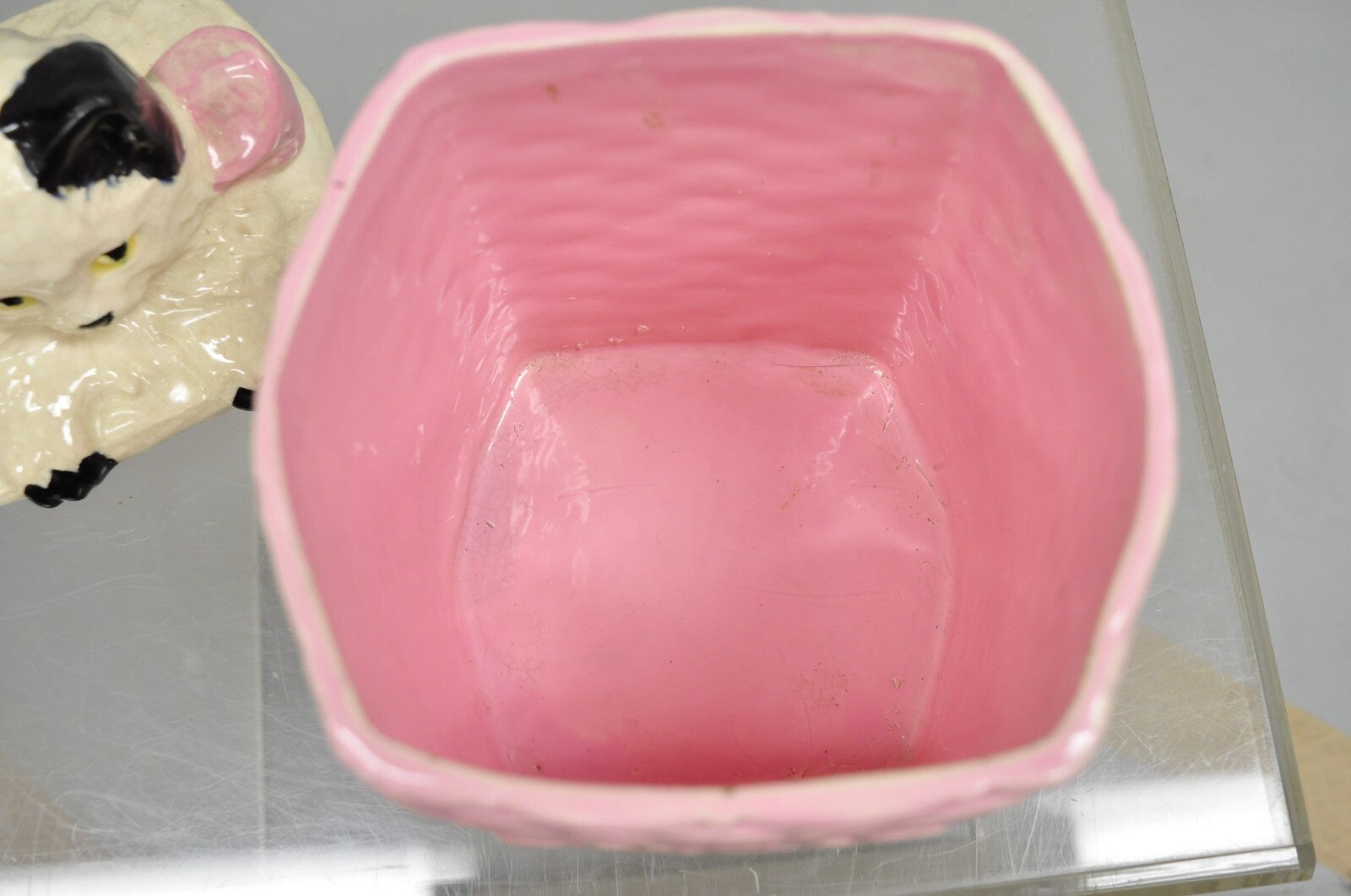 Vintage McCoy Pottery White and Black Cat Kitten Kitty in Pink Basket Cookie Jar