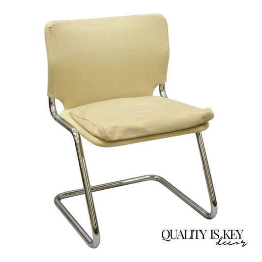 Mid Century Modern Tubular Chrome Cantilever Side Chair with Burlap Seat