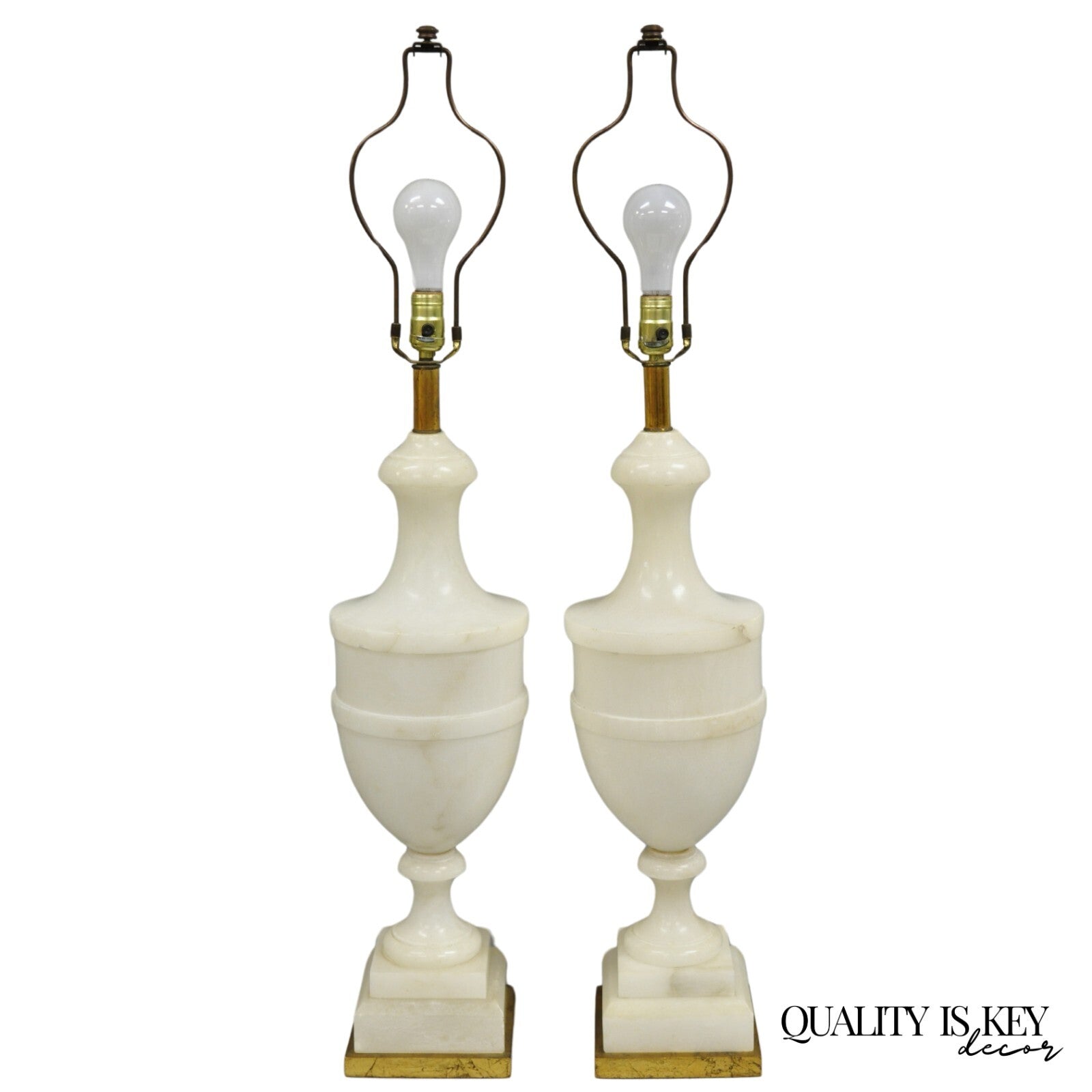 Italian Neoclassical Large Carved Solid Alabaster Marble Urn Table Lamps - Pair