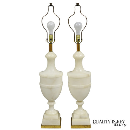 Italian Neoclassical Large Carved Solid Alabaster Marble Urn Table Lamps - Pair