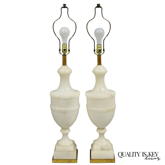 Italian Neoclassical Large Carved Solid Alabaster Marble Urn Table Lamps - Pair