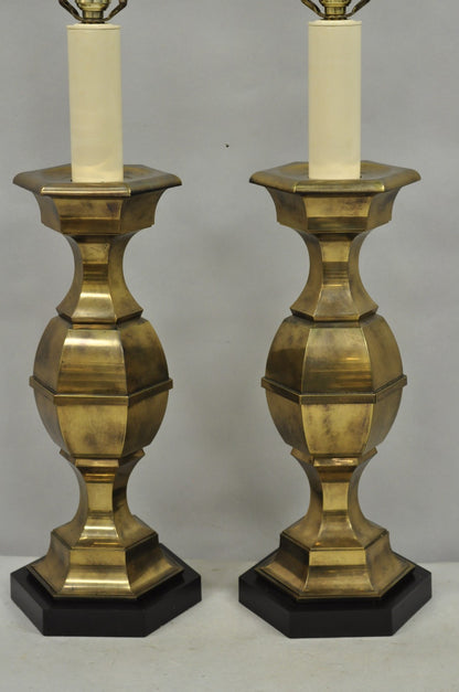 Vintage Hollywood Regency Burnished Brass Candlestick Table Lamps - a Pair