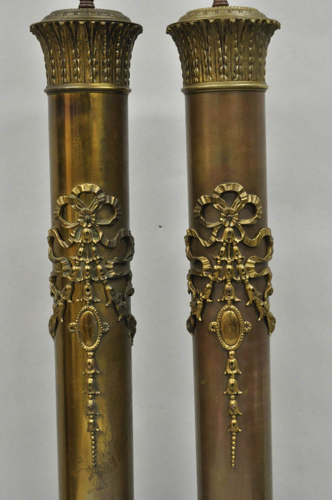 Antique French Empire Neoclassical Bronze Cylinder Tall Table Lamps - a Pair