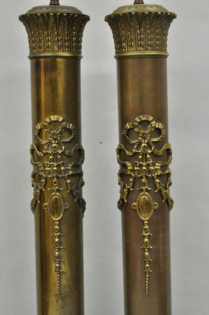 Antique French Empire Neoclassical Bronze Cylinder Tall Table Lamps - a Pair