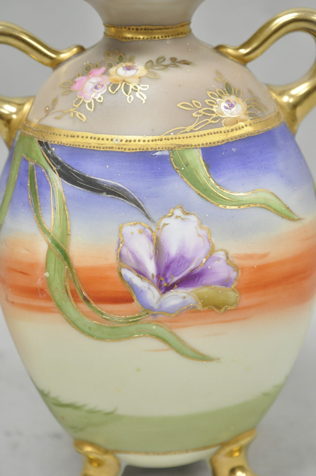 Antique Nippon Moriage Hand Painted Porcelain Purple Iris & Gold Gilt Vase Pair