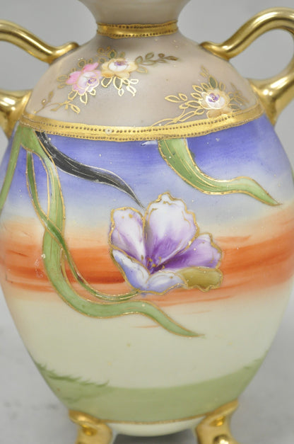 Antique Nippon Moriage Hand Painted Porcelain Purple Iris & Gold Gilt Vase Pair