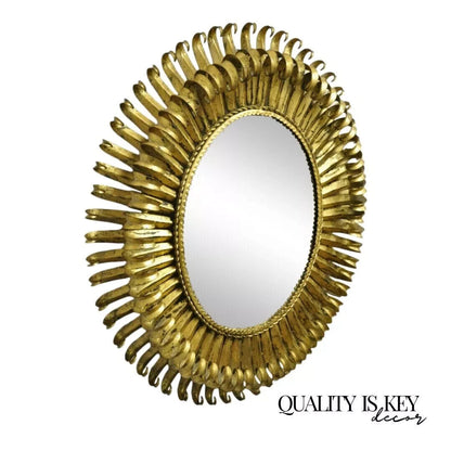 Vintage Italian Hollywood Regency Gold Gilt Iron 24" Oval Sunburst Wall Mirror