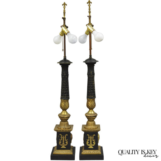 Antique French Empire Style Figural Black & Gold Tall Column Table Lamps - Pair