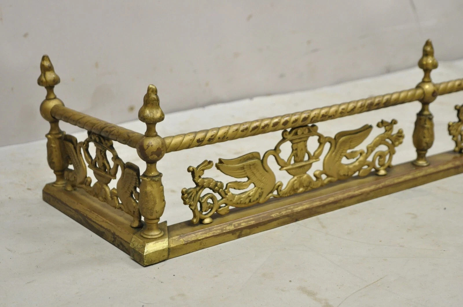 Antique Victorian Figural Swan Bird Twisted Brass 48" Fireplace Fender Surround