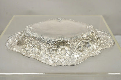 M&H English Victorian Art Nouveau Silver Plated Floral Repousse Fruit Bowls Pair