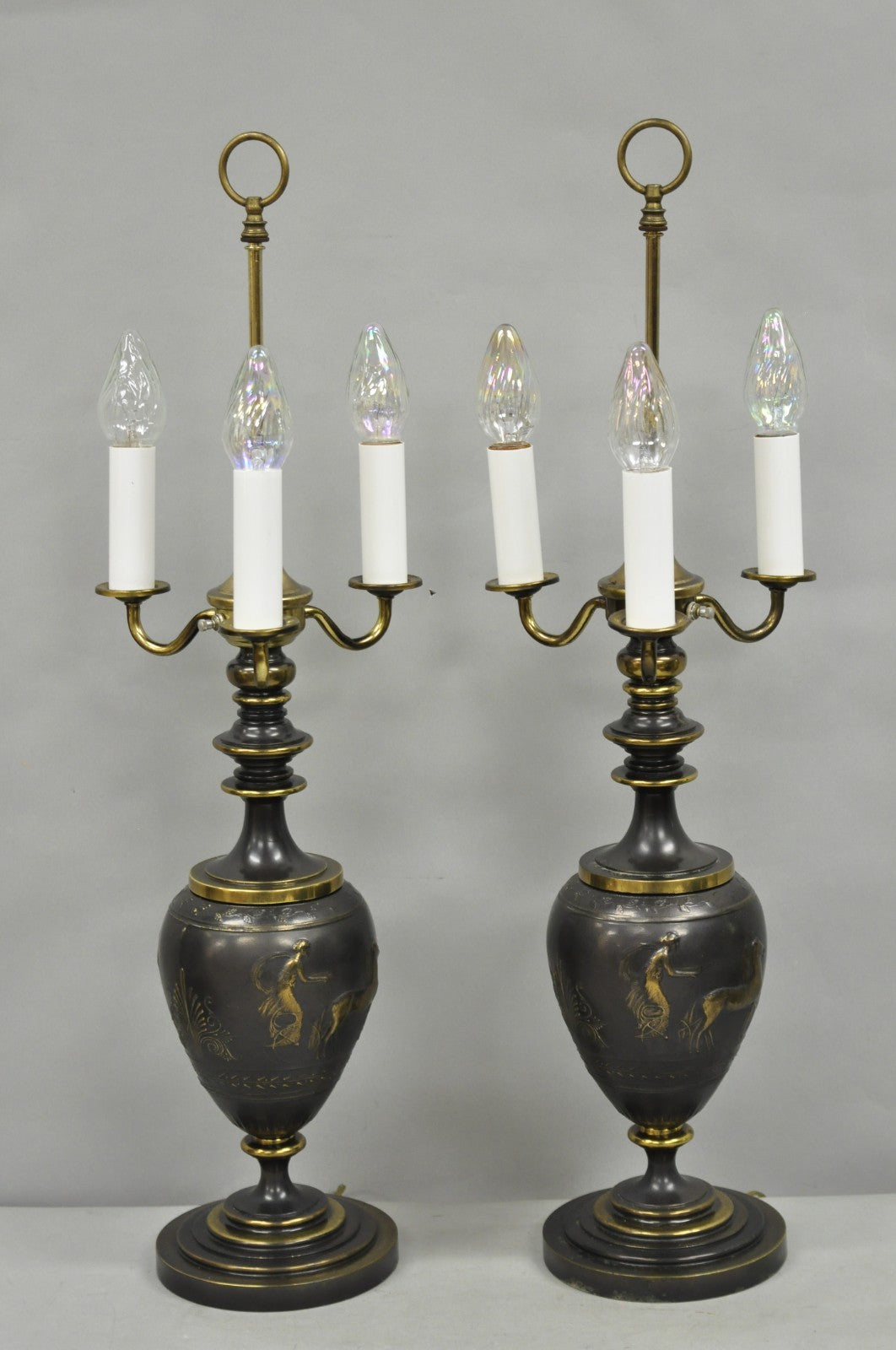 Antique Roman Neoclassical Bronze Finish Figural Candelabra Table Lamps - a Pair