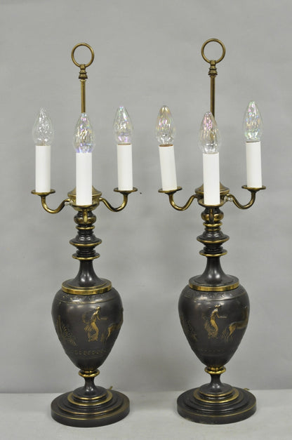 Antique Roman Neoclassical Bronze Finish Figural Candelabra Table Lamps - a Pair