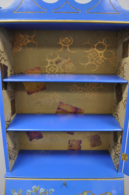 Vintage Chinoiserie Blue Hand Painted Gold Gilt Narrow Bookcase Secretary Desk