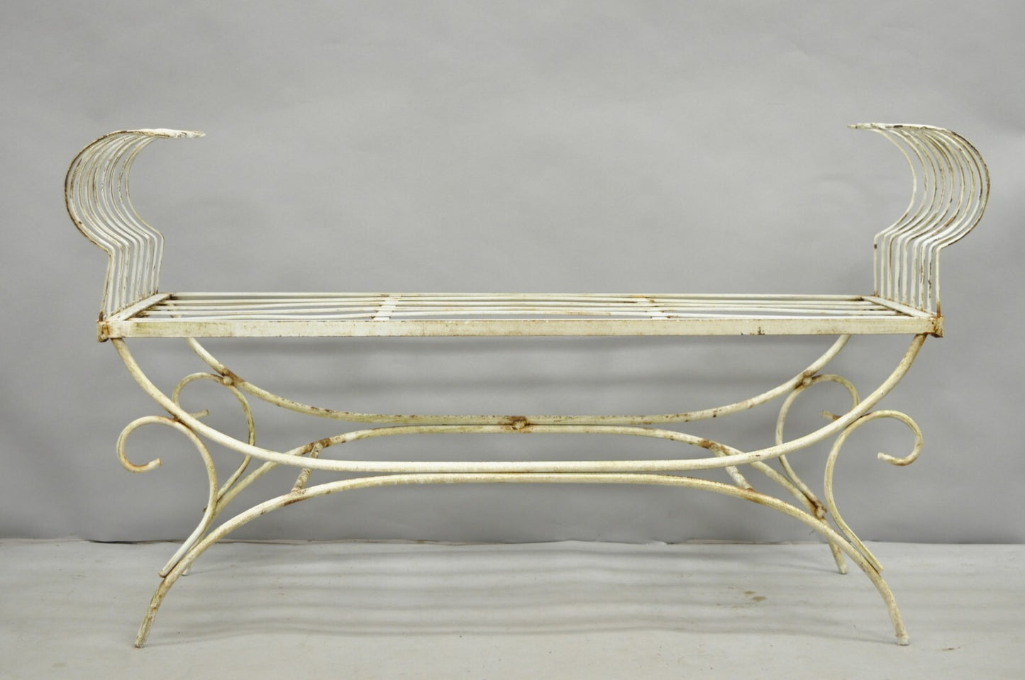 Vintage Hollywood Regency White Wrought Iron Curule X Frame Window Bench