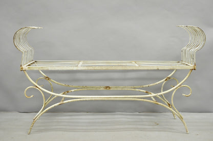 Vintage Hollywood Regency White Wrought Iron Curule X Frame Window Bench