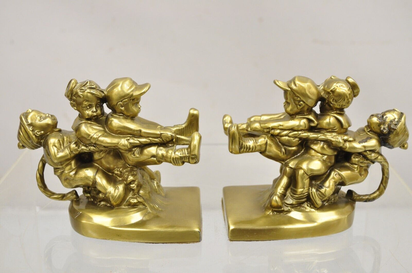 Vintage PM Craftsman "Tug of War" Brass Children Playing Figural Bookends - Pair