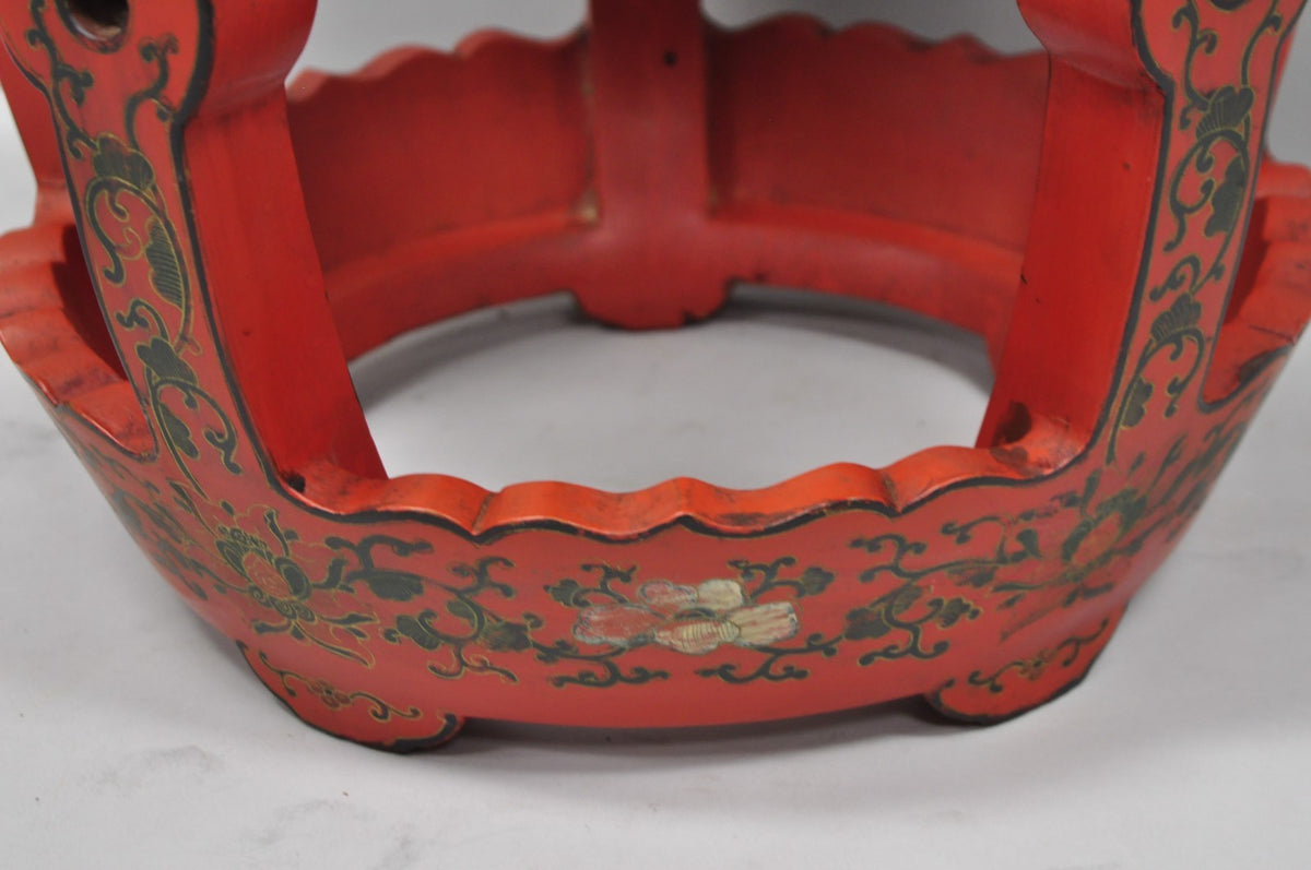 Vintage Chinoiserie Red Lacquer Plant Stand Garden Stool Drum Side Table (B)