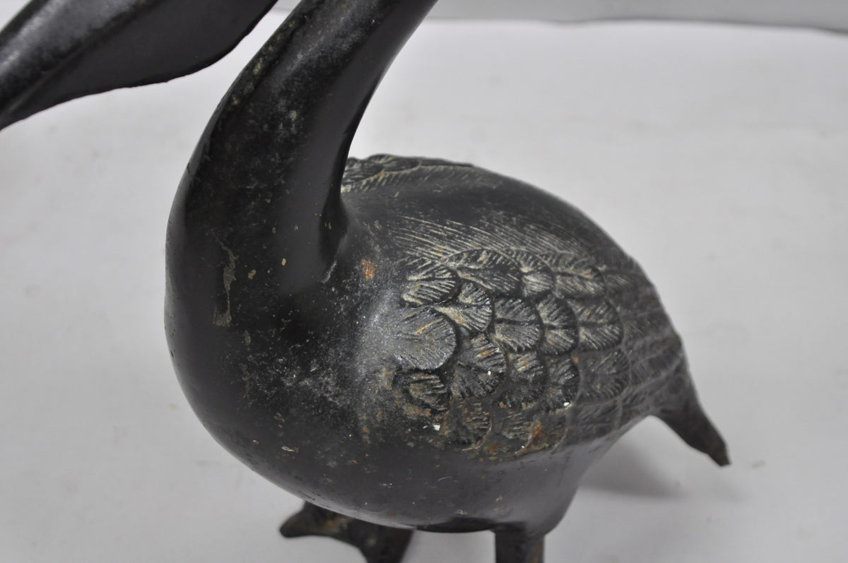 Vintage Japanese Cast Iron Black 17" Pelican Bird Garden Statue Sculpture