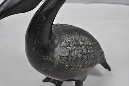 Vintage Japanese Cast Iron Black 17" Pelican Bird Garden Statue Sculpture