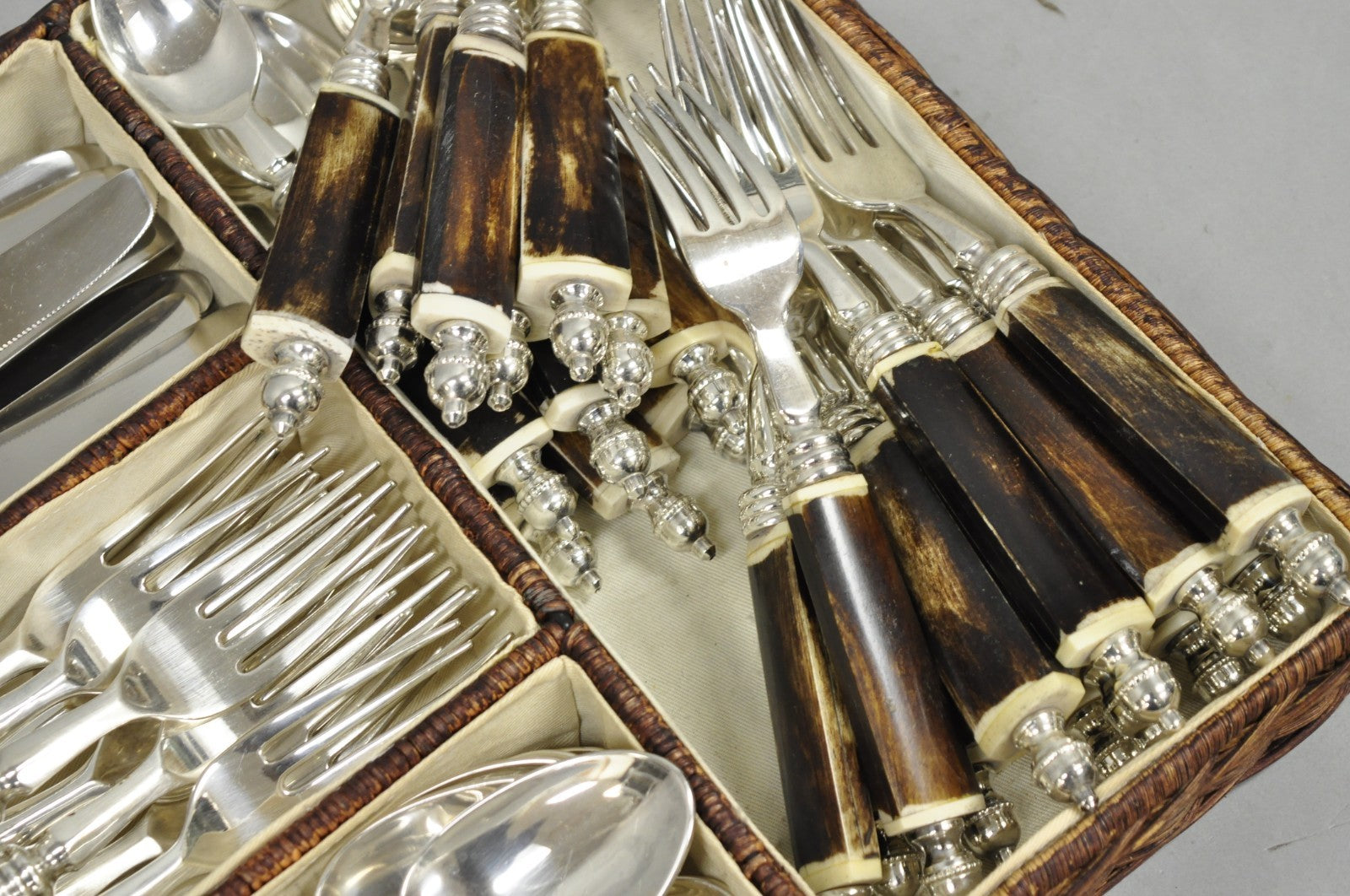 Vintage Hollywood Regency Faux Horn Handle Silver Flatware (5 pc) Set Svc for 12