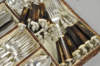 Vintage Hollywood Regency Faux Horn Handle Silver Flatware (5 pc) Set Svc for 12