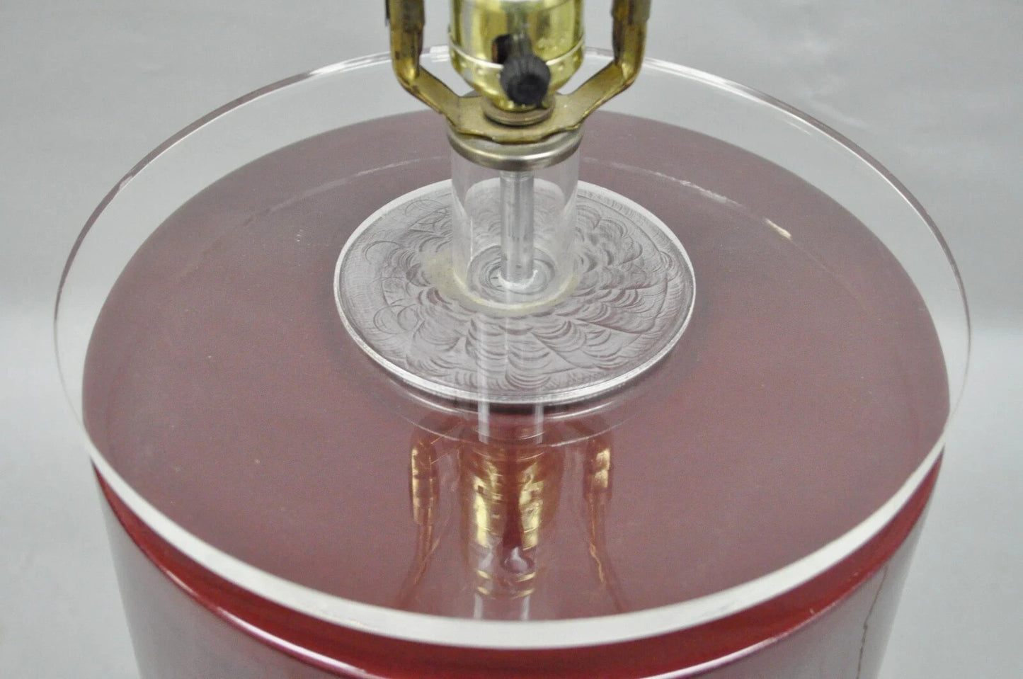 Vintage Mid Century Modern Red Ceramic Cylinder & Lucite Modernist Table Lamp