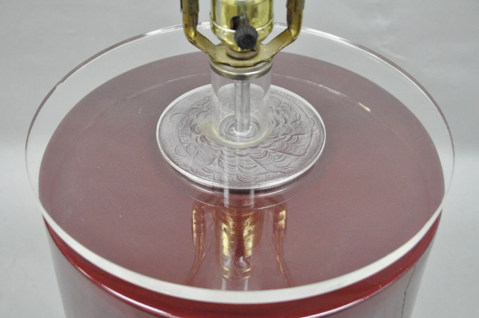 Vintage Mid Century Modern Red Ceramic Cylinder & Lucite Modernist Table Lamp