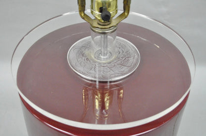 Vintage Mid Century Modern Red Ceramic Cylinder & Lucite Modernist Table Lamp