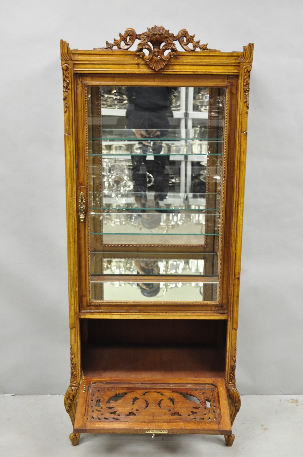 Vintage French Baroque Style Carved Wood & Glass Curio China Display Cabinet