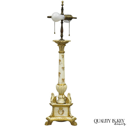 Antique Italian Hollywood Regency Cream Gold Giltwood Column Table Lamp w/ Swans
