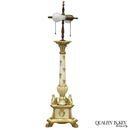 Antique Italian Hollywood Regency Cream Gold Giltwood Column Table Lamp w/ Swans