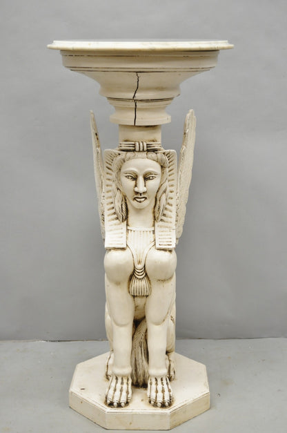Vintage Egyptian Female Sphinx Round Marble Top Carved Wood Pedestal Plant Stand