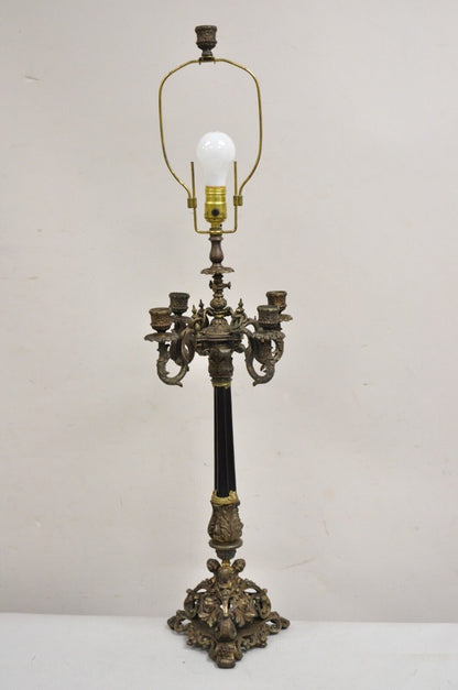 Antique French Empire Renaissance Gilt Metal Figural Candelabra Table Lamp