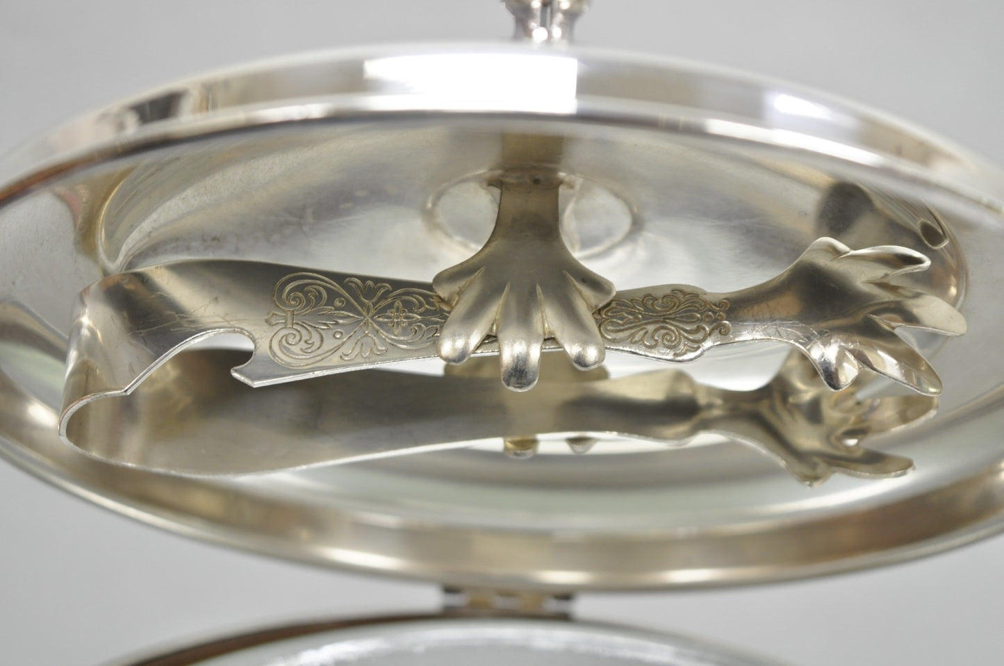 Mid Century Modern Sheffield Silver Plated Reticulating Hinge Ice Bucket w Tongs