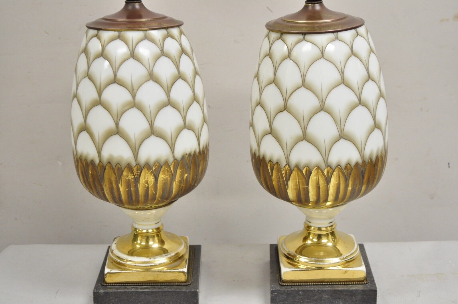 Vintage Italian Hollywood Regency Hand Painted Glass Pineapple Table Lamp - Pair