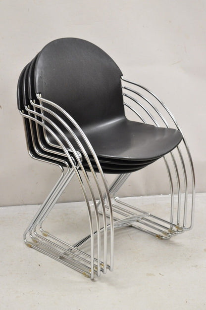 Steelcase Tom Grasman Chrome Frame Black Molded Plastic Stackable Chair Set of 4