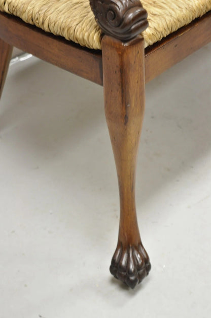 Vintage Italian Neoclassical Cherry Wood Dolphin Lyre Carved Rush Seat Bench