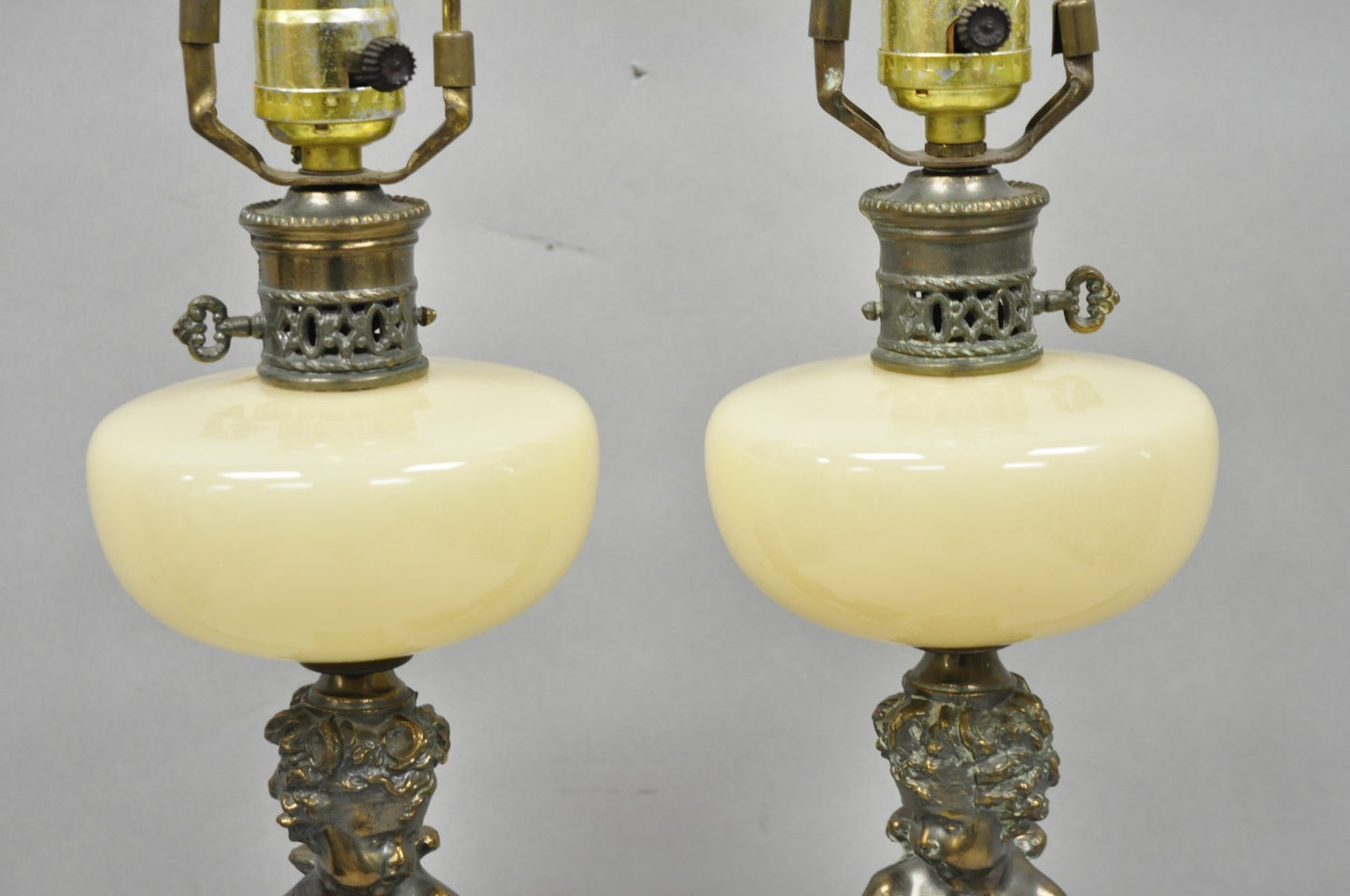 Vintage French Renaissance Brass Cherub Putti Column Cream Glass Table Lamp Pair